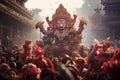 a mass celebration of Nyepi day in Indonesia and a large statue of the god