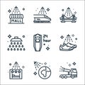 Mass disinfection line icons. linear set. quality vector line set such as cannon, earth, hotels, shoes, funeral, shower head,