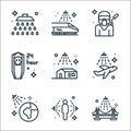 Mass disinfection line icons. linear set. quality vector line set such as bridge, cleaning, earth, airplane, house, funeral,