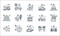 Mass disinfection line icons. linear set. quality vector line set such as bridge, shoes, cleaning, drone, earth, shower head, cars