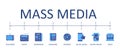 Mass media banner infographics vector icons. Line set blue elements. Television radio broadcasting. Magazine newspaper news. Royalty Free Stock Photo