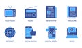 Mass media blue vector icons. Line set. Symbols television radio magazine newspaper. Information video and audio. Internet digital Royalty Free Stock Photo