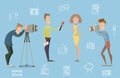 Mass media concept design of live news tv broadcasting with reporter, cameraman, photographer. Royalty Free Stock Photo