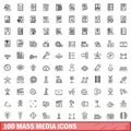 100 mass media icons set, outline style Royalty Free Stock Photo