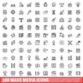 100 mass media icons set, outline style Royalty Free Stock Photo