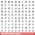 100 mass media icons set, outline style Royalty Free Stock Photo