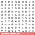 100 mass media icons set, outline style Royalty Free Stock Photo