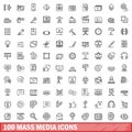 100 mass media icons set, outline style Royalty Free Stock Photo