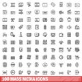 100 mass media icons set, outline style Royalty Free Stock Photo