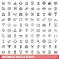 100 mass media icons set, outline style Royalty Free Stock Photo