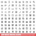 100 mass media icons set, outline style Royalty Free Stock Photo