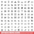 100 mass media icons set, outline style Royalty Free Stock Photo