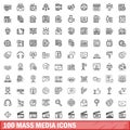 100 mass media icons set, outline style Royalty Free Stock Photo