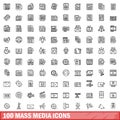 100 mass media icons set, outline style Royalty Free Stock Photo