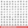 100 mass media icons set, outline style Royalty Free Stock Photo