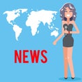 Mass Media News Journalist Reporting Reporter Female Girl Character Symbol on World Map Background Design Template