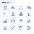 Mass media thin line icons set: journalist, newspaper, article,
