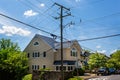 Mass of overhead power cables meeting at street junction in Middleburg, Virginia, USA