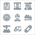 Mass production line icons. linear set. quality vector line set such as automation, delivery truck, cupcakes, packages, worker,