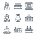 mass production line icons. linear set. quality vector line set such as engineers, industry, unboxing, container, delivery box,