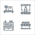 Mass production line icons. linear set. quality vector line set such as packages, dashboard, bottle