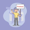 Mass Protest Action Concept. Dissatisfied Man Is Complaining And Taking Part In Strike, Holding Big Protest Banner. Male
