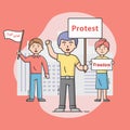Mass Protest Action Concept. Dissatisfied People Complaining And Taking Part In Strike. Characters Hold Protest Banners