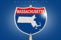 Massachusetts on highway road sign over blue background Royalty Free Stock Photo