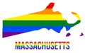 Massachusetts State Map in LGBT Rainbow Flag Comprised Six Stripes With Massachusetts LGBT Text Royalty Free Stock Photo