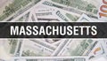 Massachusetts text Concept Closeup. American Dollars Cash Money,3D rendering. Massachusetts at Dollar Banknote. Financial USA Royalty Free Stock Photo