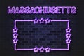 Massachusetts US State glowing violet neon letters and starred frame on a black brick wall