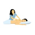 Massage of the back, wellness service. Flat design vector illustration. Young woman getting massage