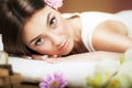 Massage. Beautiful woman at the spa. Gentle look. Flowers in hair. The concept of health and beauty. Dark background. Spa salon. Royalty Free Stock Photo