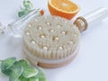 Massage brush, soap  accessories  cosmetic   beautiful  on a colored background relaxation Royalty Free Stock Photo