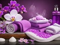 Massage composition spa with stones, orchid flowers, towels and cosmetic products