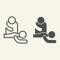 Massage line and solid icon. Professional masseur and patient outline style pictogram on white background. Spa massage