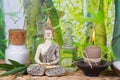 Massage oils with a Buddha figurine Royalty Free Stock Photo