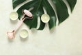 Massage roller on a monstera leaf, candles, top view Royalty Free Stock Photo