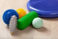 massage rubber balls, balance cushion and roller for self massage and reflexology Royalty Free Stock Photo