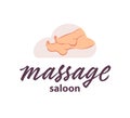 Massage salon logo design with pair of bare woman feet arranged together isolated on white background. Royalty Free Stock Photo