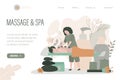 Massage and spa, landing page template. Masseur doing relaxing procedure to client, hot stone massage to girl. Spa center service