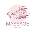 Massage spa salon logo design. Human hands massaging beautiful lady model face laying.