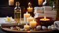 Massage stones, spa concept candles fire wellness relax care background composition Royalty Free Stock Photo