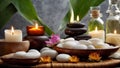 Massage stones, spa treatment candles fire table relax care meditation composition Royalty Free Stock Photo