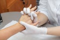 Massage therapist massaging hands of a woman in a beauty salon Royalty Free Stock Photo