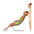 Massage therapist at work. Patient sits on chair, enjoying body relaxing treatment. Physiotherapist practicing massage