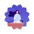 Massage therapy concept. Vector flat people illustration. Feamle therapist and patient person lying on couch. Flower symbol frame