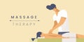 Massage therapy flat banner vector template. Professional masseur and young woman cartoon characters. Spa salon service