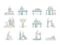 Massage therapy spa physiotherapy vector line medical icons. Therapeutic symbols