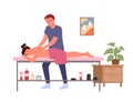 Massage therapy, wellness medicine treatment in medical salon, therapist massaging woman